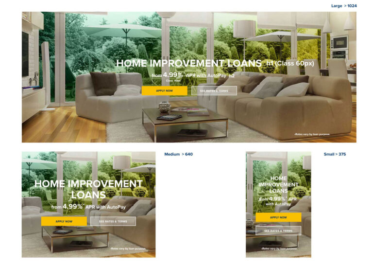A home improvement loan advertisement is shown in three different views.