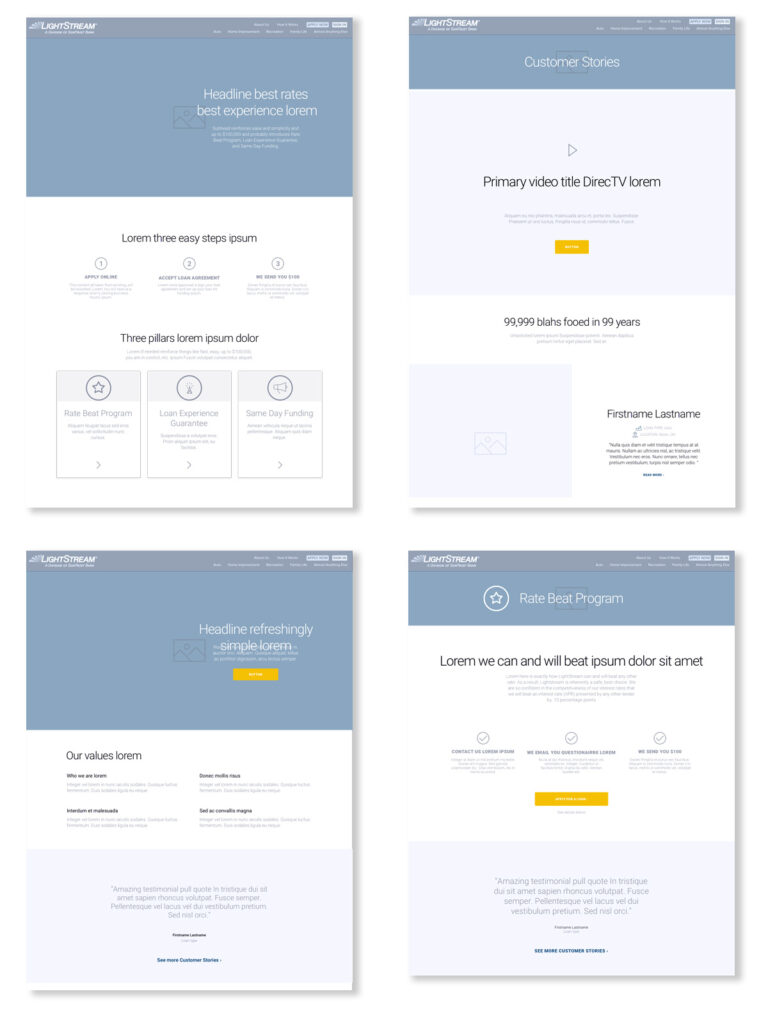 A series of four pages with different types of wireframes.